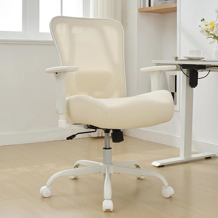 GOOBUY Chaise Bureau Ergonomique Siège Epais de 15cm Accoudoirs et Hauteur Réglable Capacité 226kg(Beige)