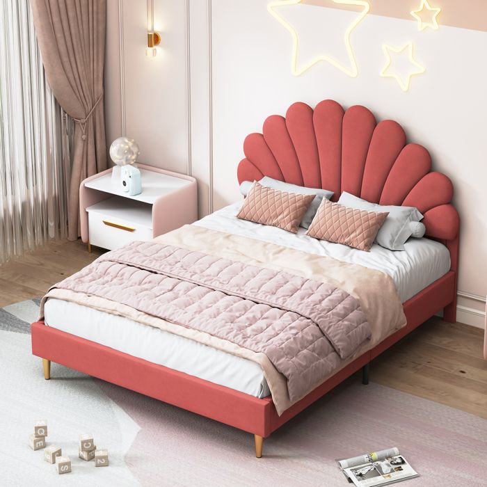 Lit adulte 140x200 cm avec tête forme fleur lit 140x200 cm avec sommier à lattes KILISKY，lit double，velours style unique rouge