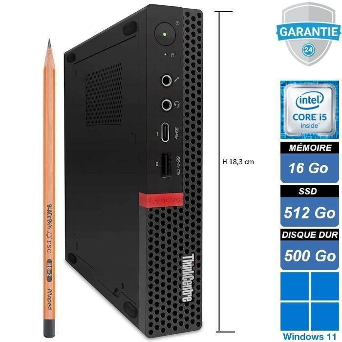 Unité centrale – LENOVO – M920q Tiny – i5-8500T – RAM 16Go – SSD512Go + HDD 500Go –  Pc fixe – Win 11 Pro