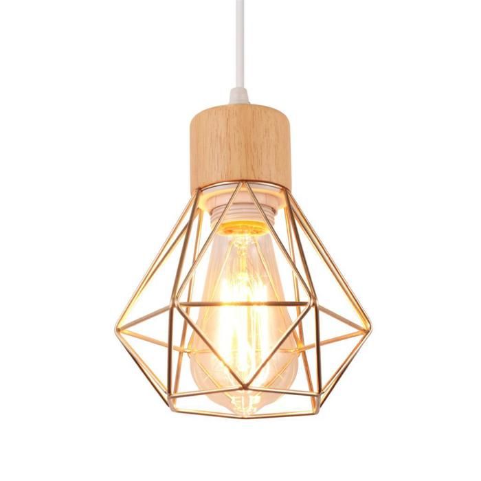 WOTTES Suspension Luminaire Vintage Industrielle Lustre Abat-jour en Métal et Bois Ø16cm Rétro Doré Pour Salon Cuisine (1pcs)