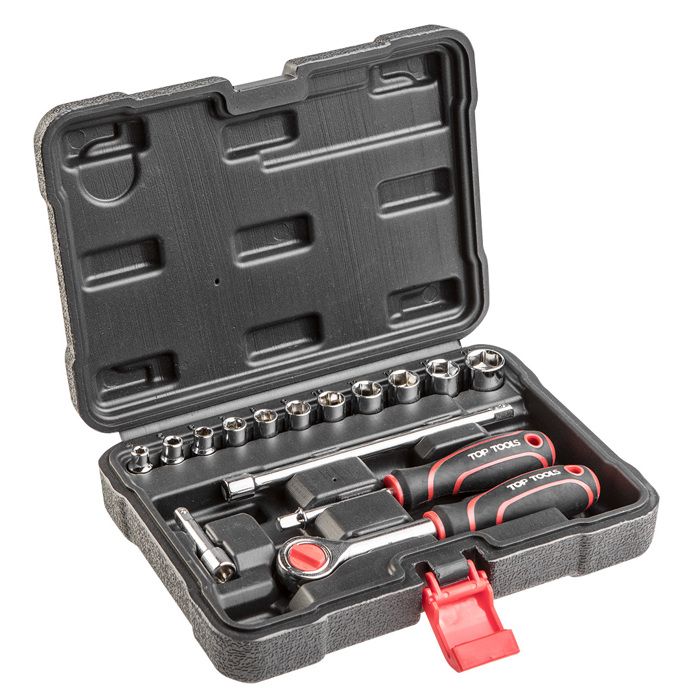 Jeu de clés à douille - TOP TOOLS - 1/4 - 15 pièces - Acier - Valise en plastique