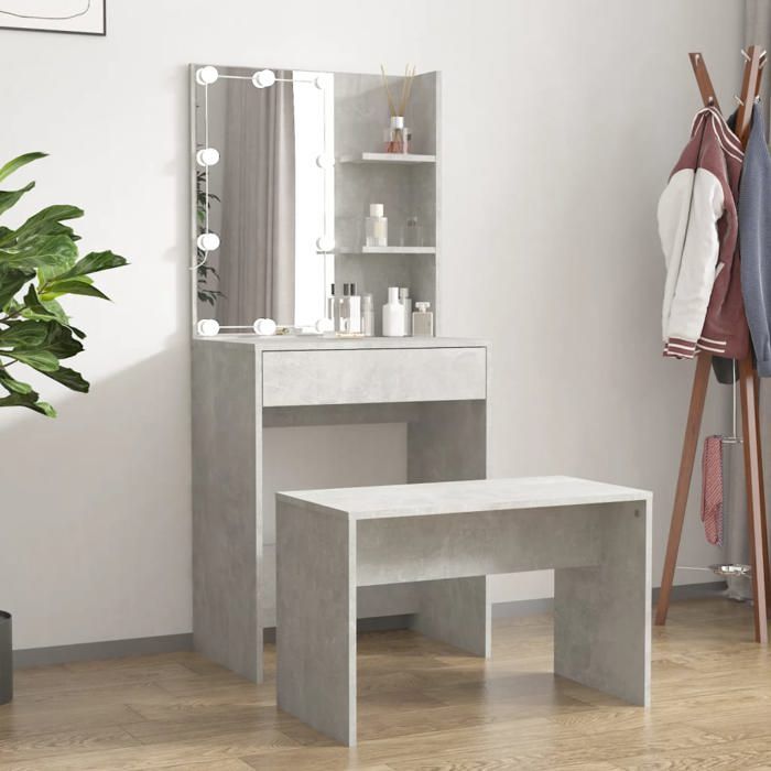 (Gris)Ensemble de Coiffeuse Maquillage avec LED Gris béton bois ingénierie 611051