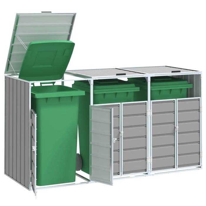 (Gris)Cache-conteneur à déchet - Magnifique Rangement à roulettes pour poubelles pour trois bacs gris acier 65230