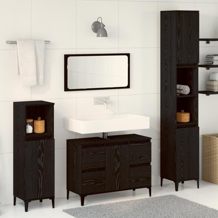 Ensemble de meubles de salle de bain - 3 pièces - Chêne noir - Bois dingénierie - Finition mate