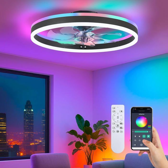 Ventilateur de plafond RVB avec éclairage suspension discrète de 40 cm avec télécommande et application noir - Omegasback