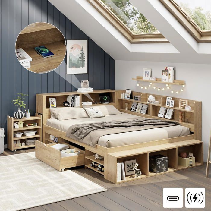 Lit Banquette Enfant 140 x 200 cm avec Rangement Chargement sans Fil et Port USB Tables de Chevet et étagères Couleur Naturel