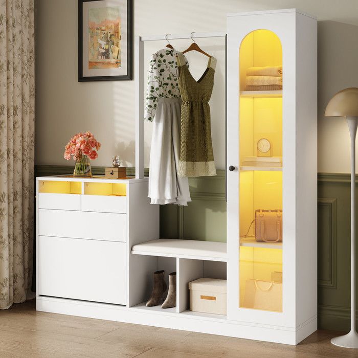 Vestiaire moderne Meuble dentrée combinée 6 en 1 Porte-manteau Banc et étagère à chaussures Vitrine en verre avec LED Mirror