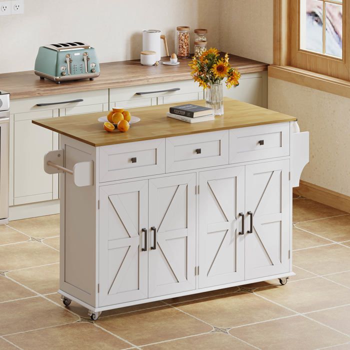 Îlot de Cuisine Desserte de Cuisine avec Plateau Pliable 4 Portes 3 Tiroirs sur Roulettes Blanc Style Rustique Îlot de Cuisine Desserte de Cuisine avec Plateau Pliable 4 Portes 3 Tiroirs sur Roulettes Blanc Style Rustique