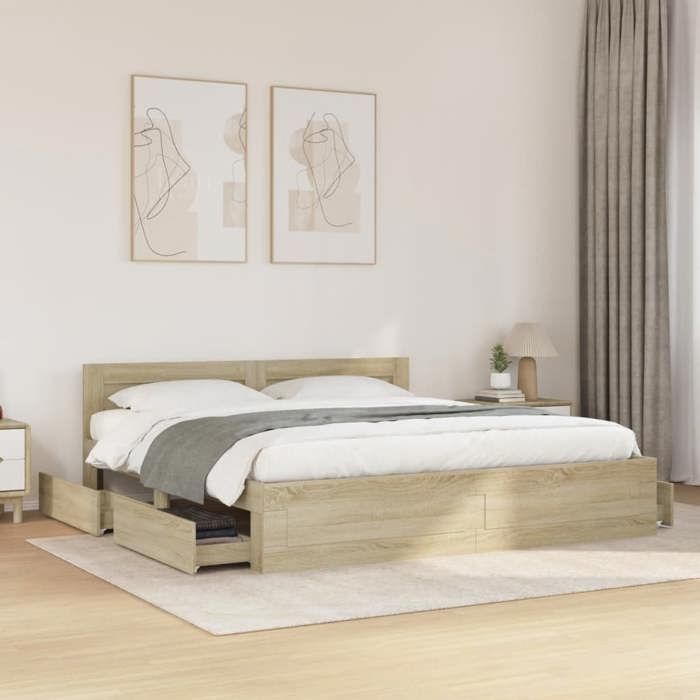 Cadre de lit - vidaXL - Chêne sonoma - 180x200 cm - Avec tiroirs - Sommier inclus