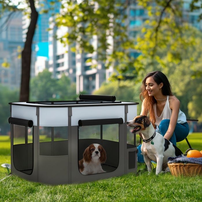 Parc enclos pliable pour chien chat petits animaux en tissu Oxford avec rangement 94 x 74 x 60 cm gris et noir