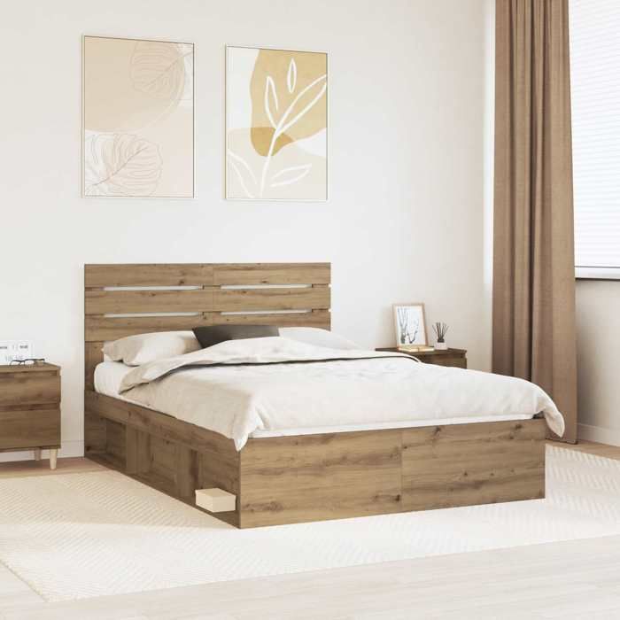 Structure de lit en chêne artisan - UU - 140x190 cm - Pin massif - Bois dingénierie - Cadre à lattes