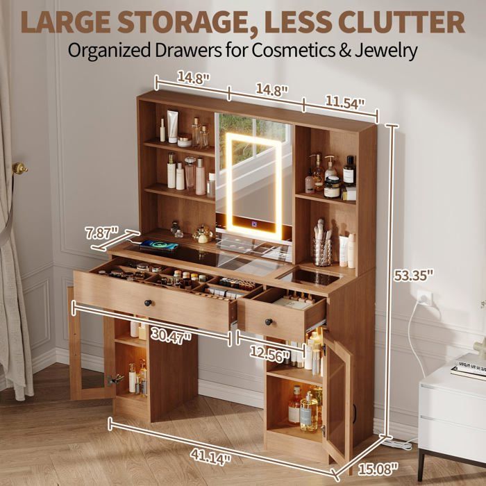 Coiffeuse avec Miroir LED Réglable 2 Prise et Port USB 2 Tiroirs de Rangement en verre 105 x 38 x 136 cm Marron