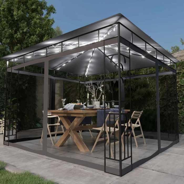 Tonnelle avec moustiquaire - vidaXL - 3x3x273 m - Anthracite - Lumières LED - Énergie solaire - Moustiquaires