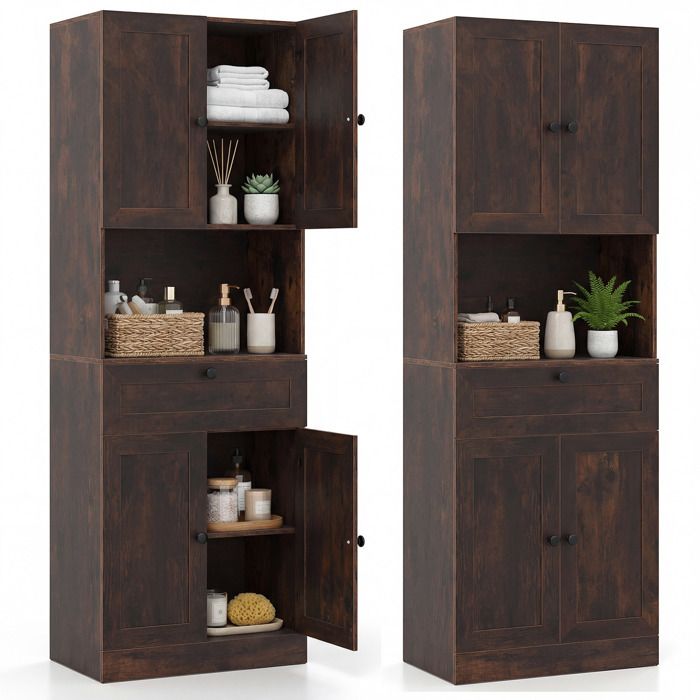 COSTWAY Armoire de Salle de Bains avec 4 Portes 1 Tiroir Compartiment Ouvert Étagère Réglable pour Salon Cuisine Marron COSTWAY Armoire de Salle de Bains avec 4 Portes 1 Tiroir Compartiment Ouvert Étagère Réglable pour Salon Cuisine Marron