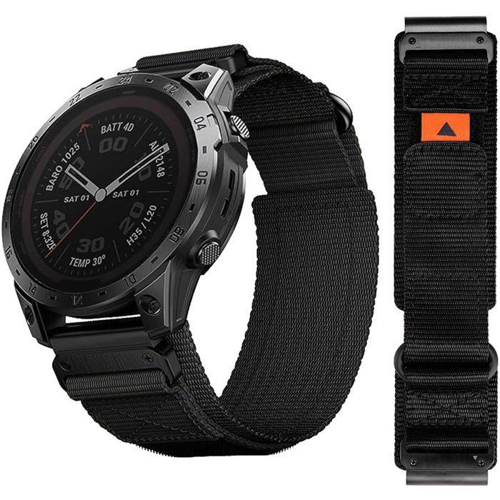Stravo Bracelet tactique nylon QuickFit 22 mm pour Garmin Fenix 5/6/7/8/E Epix Pro Gen 2 47 mm – Robuste ajustable - Noir