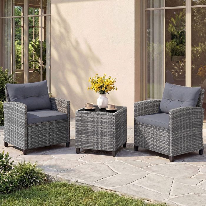 Ensemble 3 PCS Meuble de Patio COSTWAY en Rotin PE Table avec Plateau en Verre Trempé Coussins Amovibles Gris pour Balcon Jardin Ensemble 3 PCS Meuble de Patio COSTWAY en Rotin PE Table avec Plateau en Verre Trempé Coussins Amovibles Gris pour Balcon Jardin