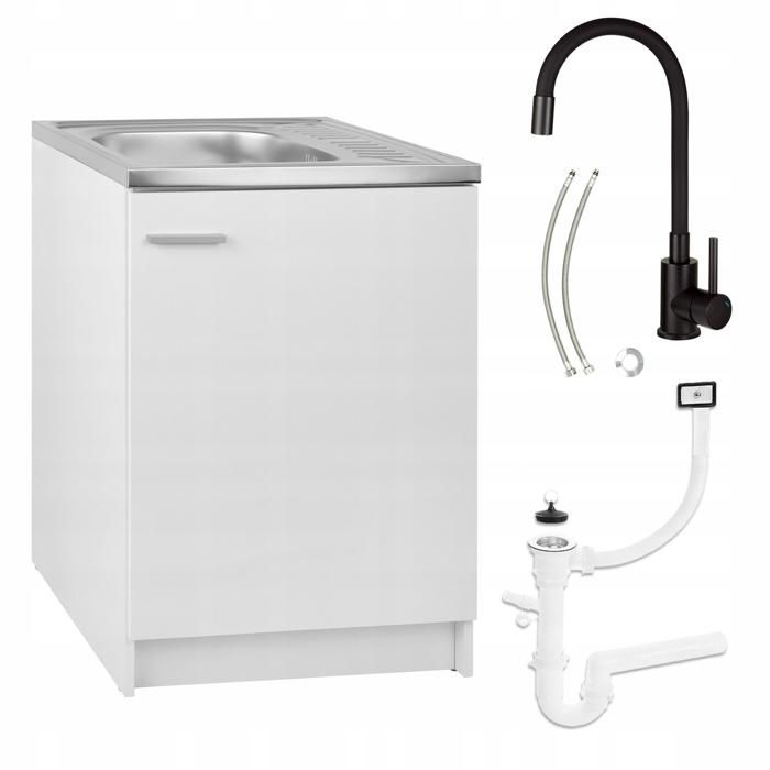Meuble sous Évier 60 cm Blanc + Évier Deante Inox + Robinet Extensible Noir + Siphon LV - 60x50x82 cm