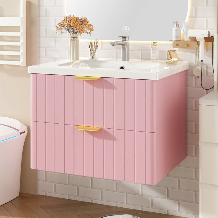 Meuble-lavabo suspendu - LANGTU - 1 vasque - MDF hydrofuge - 2 niveaux de rangement - Rose
