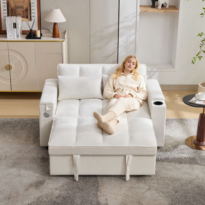 Canapé-lit pliable - 1405x74x82 cm - Beige - Dossier réglable - Port USB - Table cachée - Porte-gobelet - Roulettes