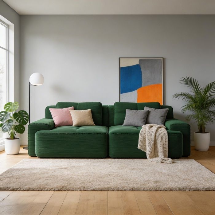 Canapé modulaire - Boneless - Velours côtelé vert - Convertible 2 places - Mousse 32D anti‑dérapant