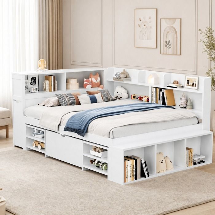 Lit combiné enfant 140×200 cm avec rangements bibliothèque tiroir et sommier à lattes - BEAUNIV - sans matelas blanc