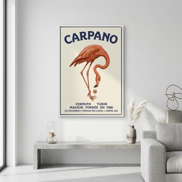 Tableau toile flamant rose style affiche vintage décorative cadre flottant blanc 6191