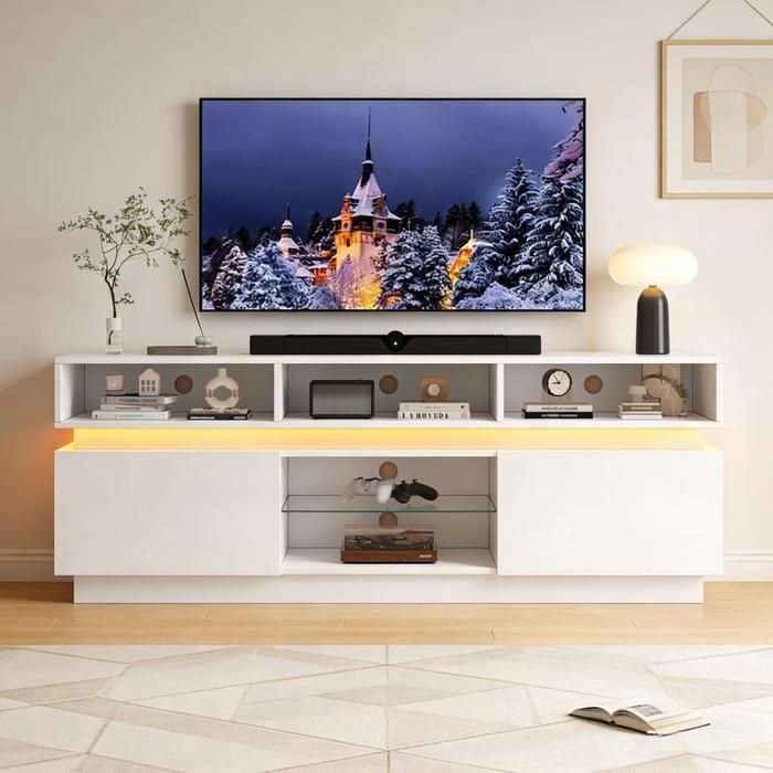 Meuble TV 160x35x60cm pour Salon Verre Trempé Résistant Meuble Bas Laqué Brillant LED Compartiments de Rangement Blanc