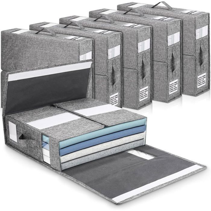 Boîtes et sacs de rangement 6 pièces - Pour vêtements et draps pliables avec étiquettes et poignées - Rangement sous le lit gris