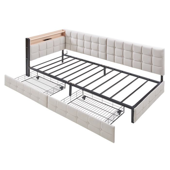 Canapé-lit 90x200 rembourré avec tiroirs lampe LED et connexions USB Type-C lit bateau multifonction beige