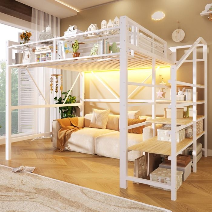 Lit mezzanine enfant 2 places 140×200 cm Lit ado adulte Lit double en métal avec éclairage LED escalier de rangement - blanc