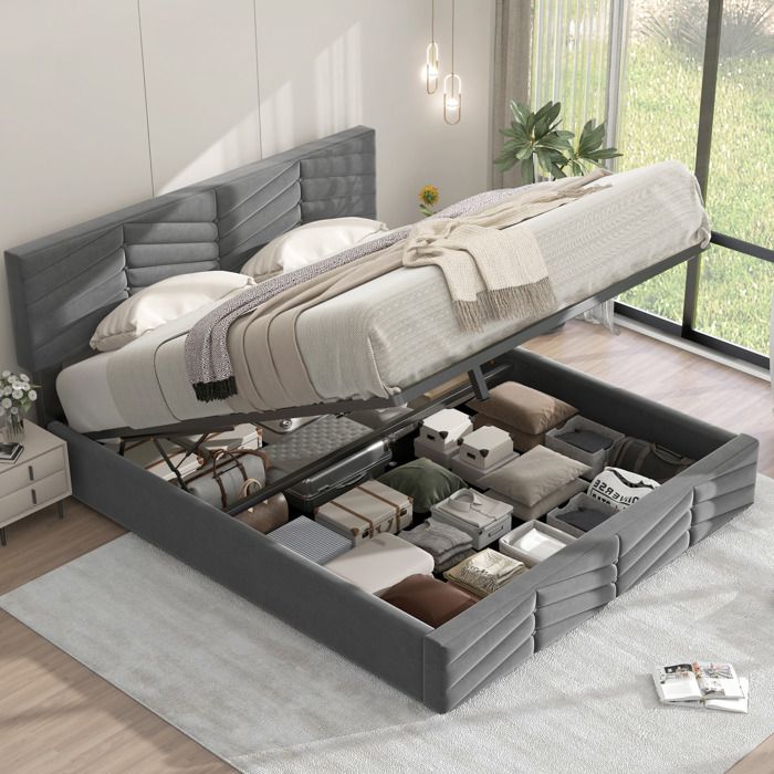 Lit coffre rembourré 140 x 190 cm – velours gris – tête de lit réglable – sommier à lattes inclus