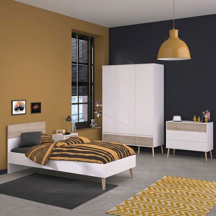 Chambre complète lit 90x190 avec 1 chevet 1 armoire 3P et 1 commode - BORGALL Chambre complète lit 90x190 avec 1 chevet 1 armoire 3P et 1 commode - BORGALL