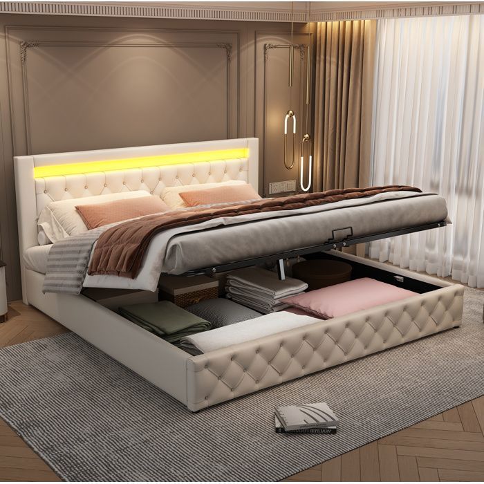 WOVREO Lit coffre rembourré 180 x 200 cm avec sommier à lattes LED intégrée rangement PU blanc