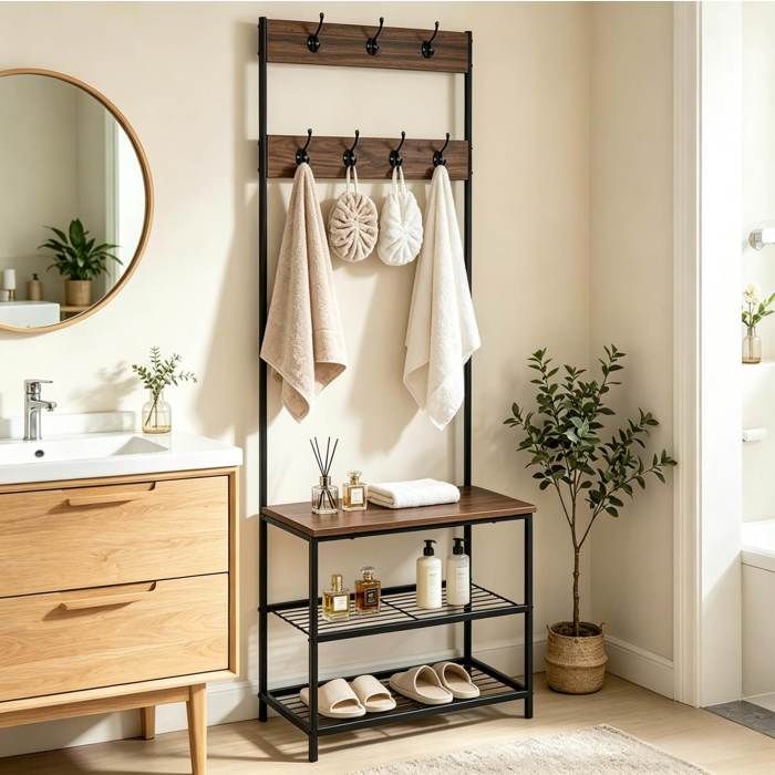 Porte-manteau dentrée 3 en 1 EVRYAE 60 x 31 5 x 170 cm avec banc et 2 étagères à chaussures métal aspect bois foncé