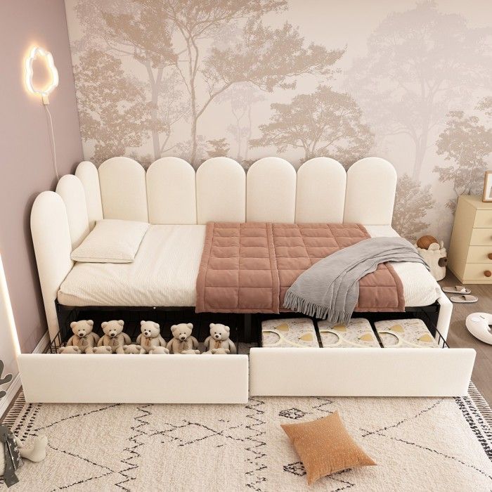 Canapé-lit simple capitonné velours beige 90x200cm méridienne lit coffre tiroirs sommier lattes sans matelas