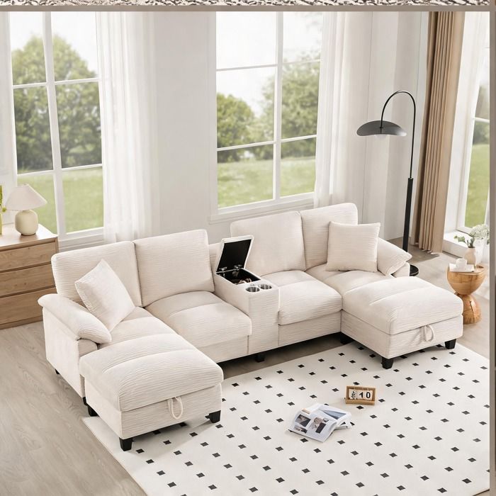 Canapé spacieux 4-5 places en U avec rangement caché revêtement corduroy warm beige ports USB et porte-gobelets inox