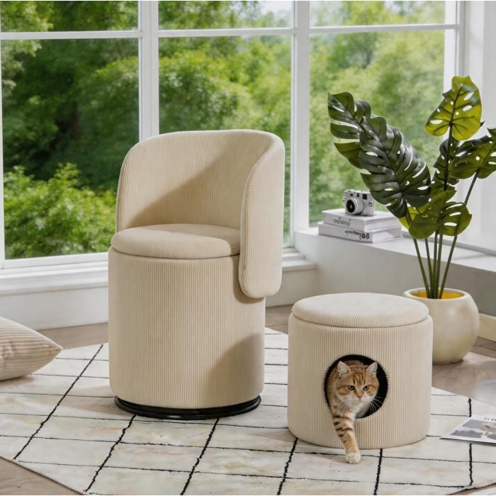 Fauteuil Tonneau Beige Velours Cotele Siege Pivotant FloraGrace Pour Chambre Ou Salle A Manger Rangement Integre 48x52x75cm