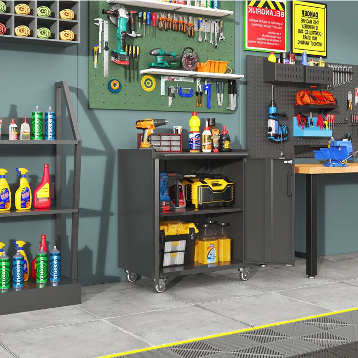 Armoire De Rangement Métallique Noire Servante DAtelier FloraGrace Pour Garage Et Bureau Avec Roulettes Et Serrure 75x42x88cm