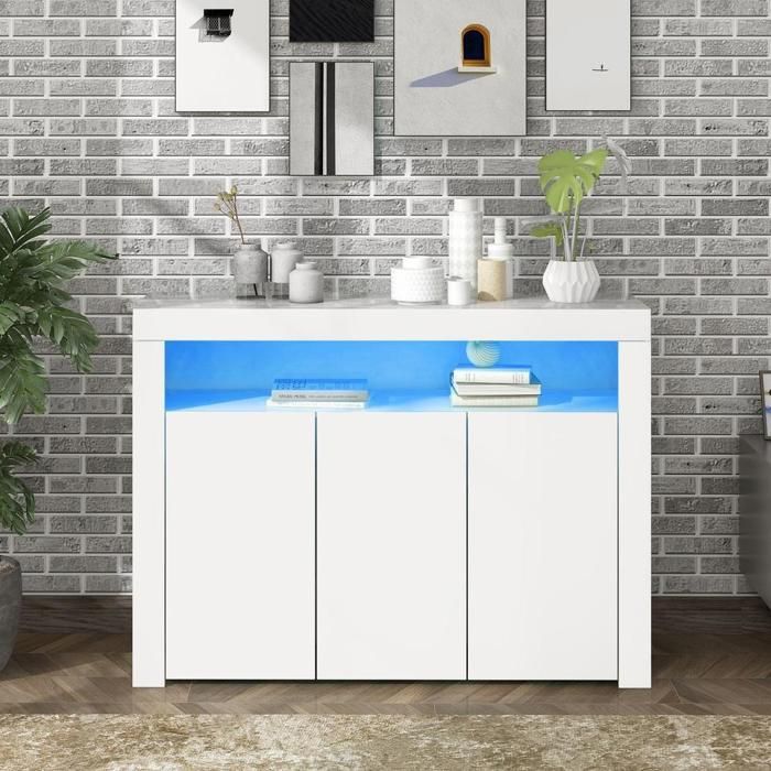 Buffet bas - KOMHTOM - 130x35x95 cm - Blanc laqué - LEDs App & télécommande - 3 portes étagères ajustables Buffet bas - KOMHTOM - 130x35x95 cm - Blanc laqué - LEDs App & télécommande - 3 portes étagères ajustables