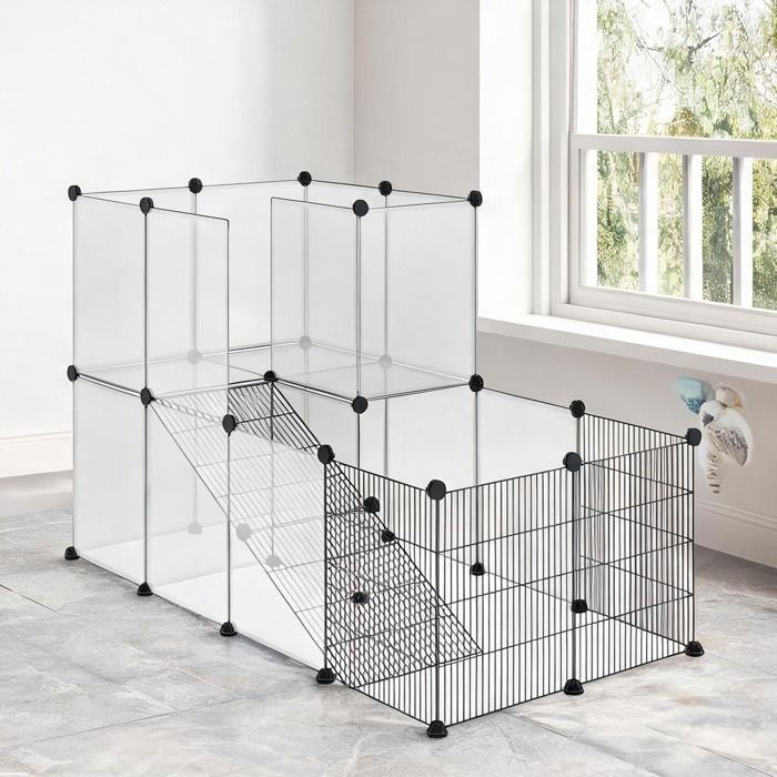 Enclos modulable 2 niveaux pour lapins et rongeurs – 27 panneaux acier et PP noir – 140 x 70 x 90 cm