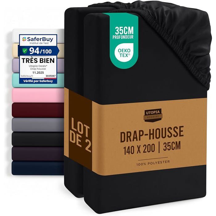 Bedding Lot de 2 Drap Housse Noire 140 x 200 cm Bonnets 35 cm pour Mates épais Polyester 2