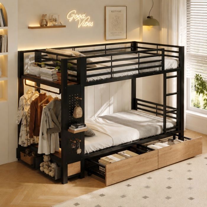Lit superposé - ZEMINPEOEL - 90x200 cm métal/MDF noir LED rangements penderie panneau perforé EN 747 sans matelas