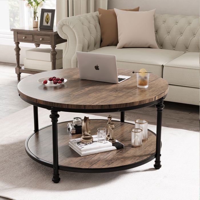 Table basse ronde 2 niveaux - rangement intégré – Pieds colonne romaine – Parfaite pour petits espaces –77 ×77×48cm – Chêne brun