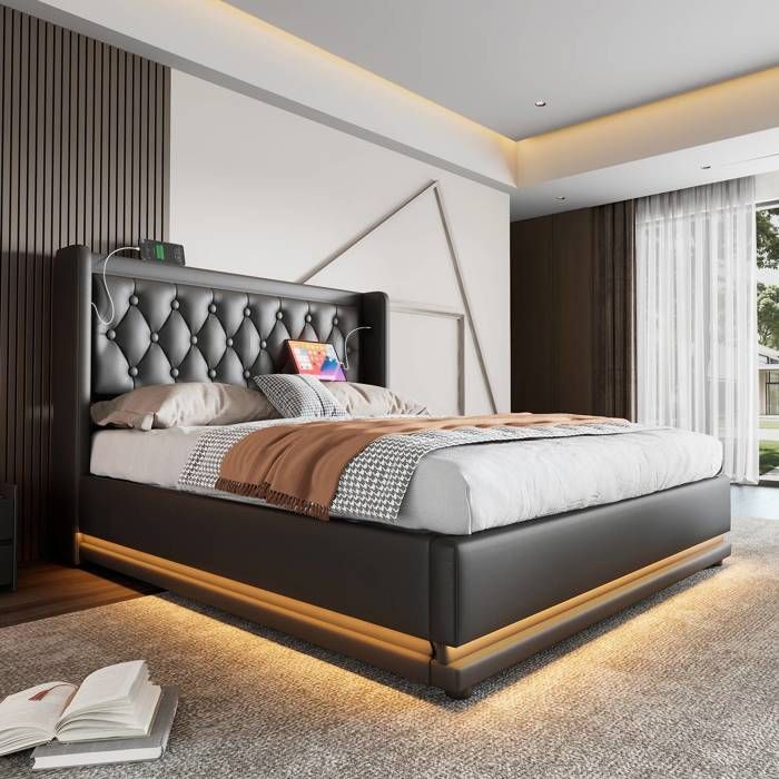Lit coffre double 140x200 cm en similicuir noir avec tête de lit capitonnée led 3 côtés et port usb type-c (sans matelas)