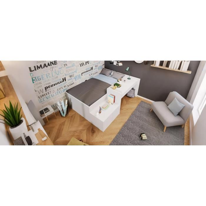 Lit enfant en bois massif 90x200 cm blanc avec sommier à lattes tiroirs et bureau lit simple à rangement pour garçons et filles