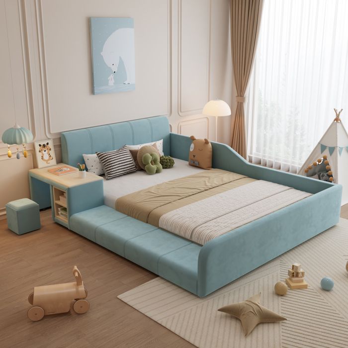 Lit rembourré 90x200cm bleu velours pour enfant avec sommier à lattes bureau intégré tabouret étagère et tête de lit rembourrée