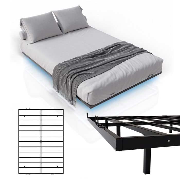 Lit flottant en métal noir - Juskys - 140x200 cm - Sommier à lattes intégré - Éclairage LED