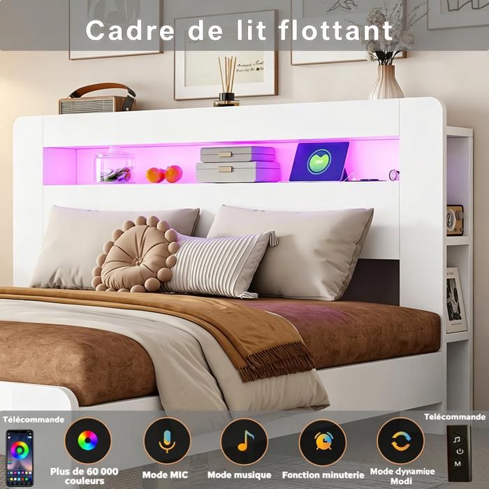 URTR Lit plateforme bois 180x200 cm tête de lit rangement LED prises intégrées moderne blanc