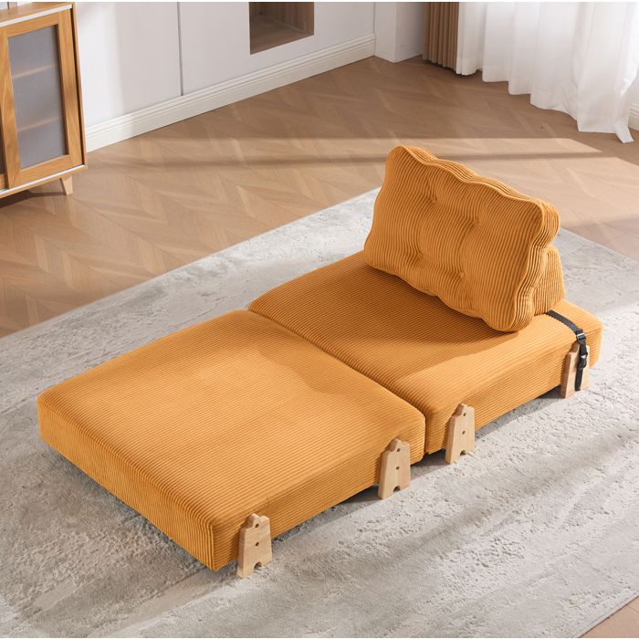 WUVRIE Fauteuil convertible 1 place corduroy orange style scandinave structure en bois 150 kg