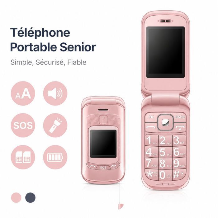 Téléphon seniors – Bouton SOS – Grosses touches et gros caractères – 2800 mAh – Double haut-parleur – Rose